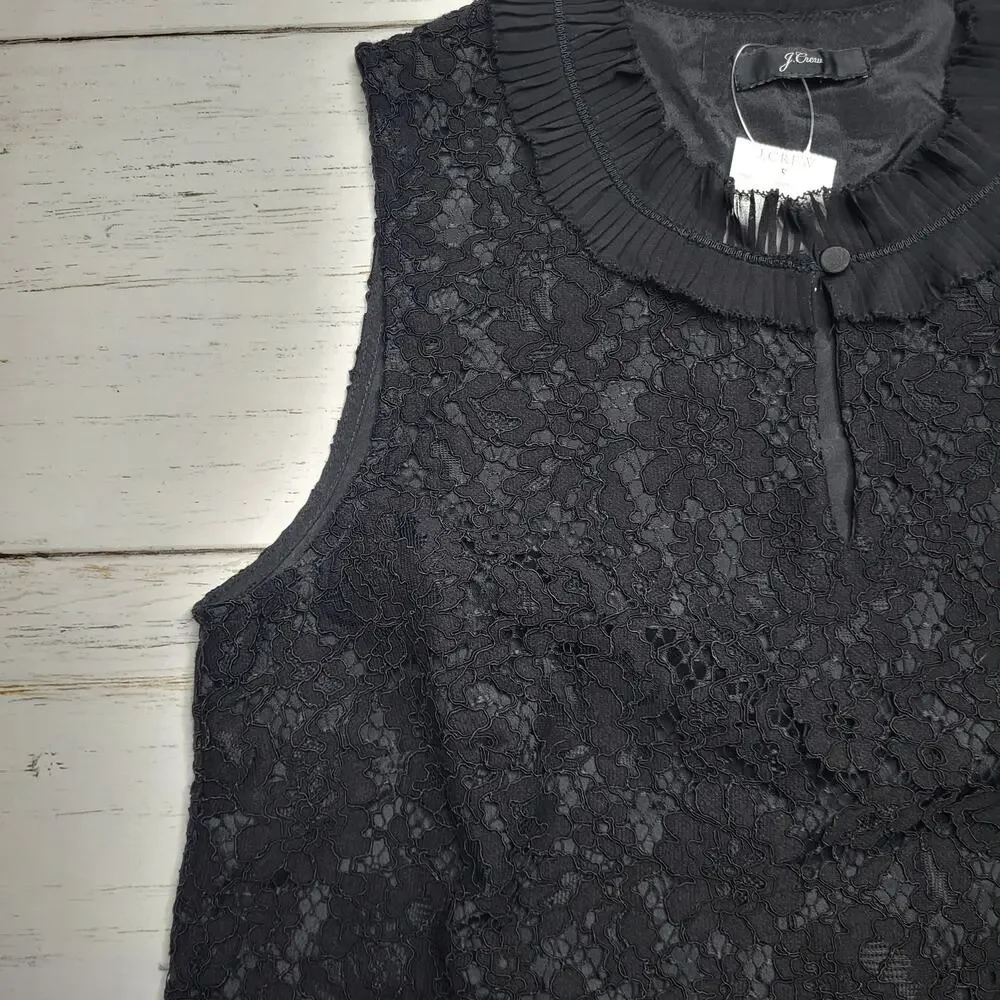 J Crew Black Lace Floral Ruffle Neck Blouse Sleeveless Top Lined Goth Medium